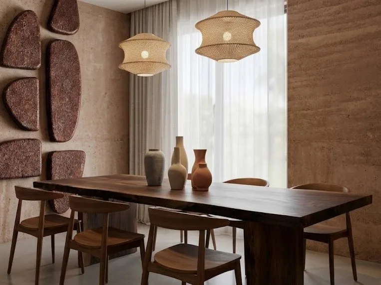 Render del comedor de Cocoro con mesa de madera, sillas y lámparas tejidas
