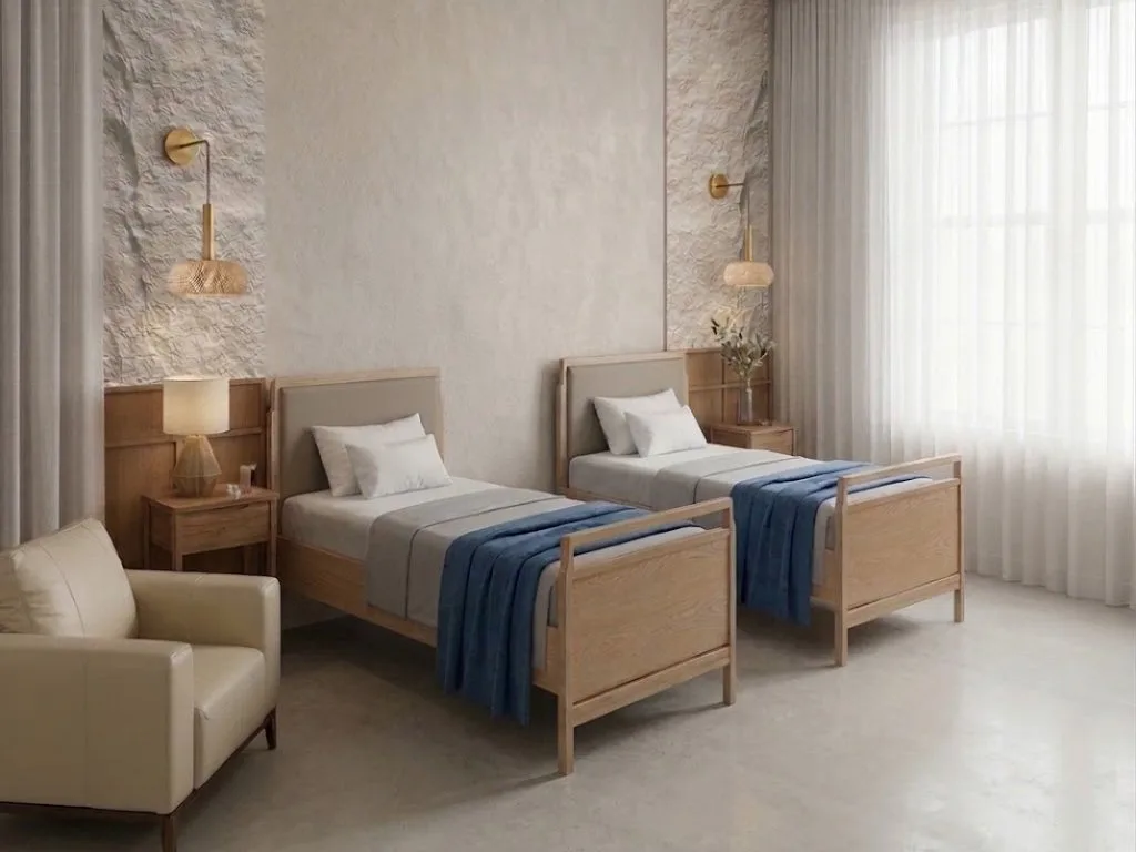 Render de una habitación de Cocoro con dos camas de madera, sillón y cortinas claras