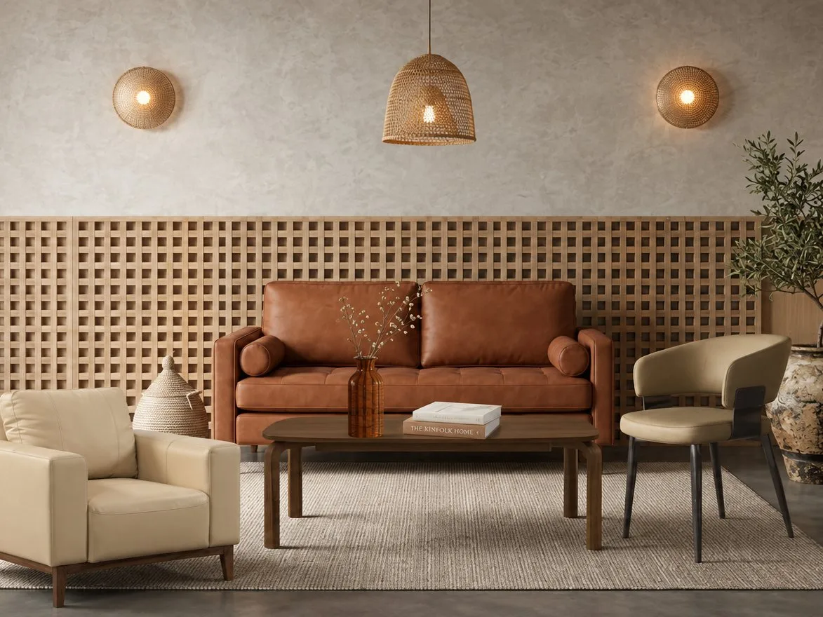 Render de la sala de Cocoro con sofá de piel, sillones y lámpara tejida