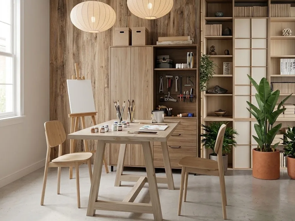 Render del taller de Cocoro con mesa de trabajo, caballete, materiales de arte y libreros